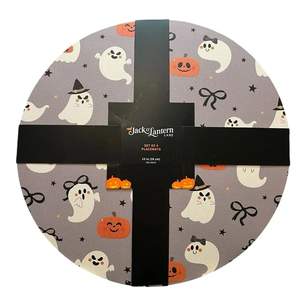 Jack O Lantern Lane Halloween Placemats (4) Grey W Fun Ghosts & Pumpkins PVC